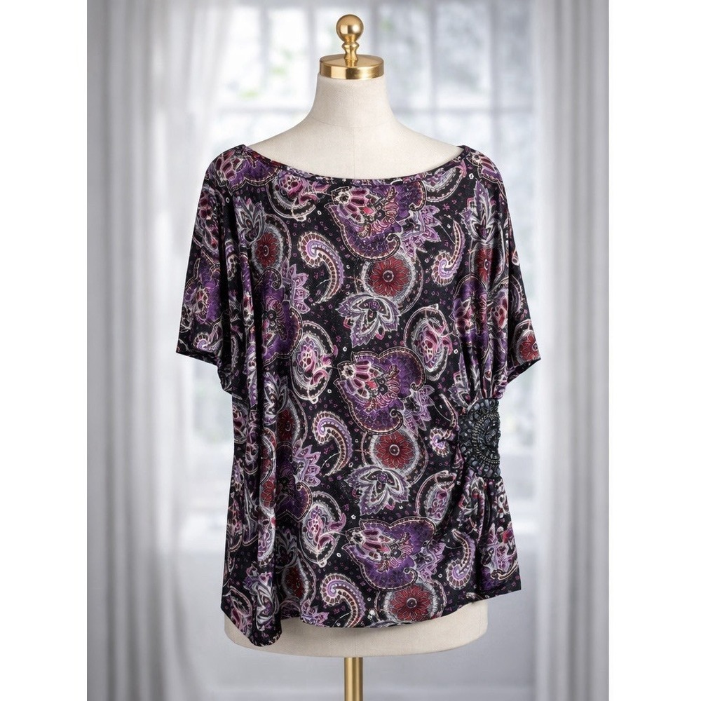 Avenue Tunic Top Popover Sz 22 24‎ Purple Gathered On Side With Beaded Medallion